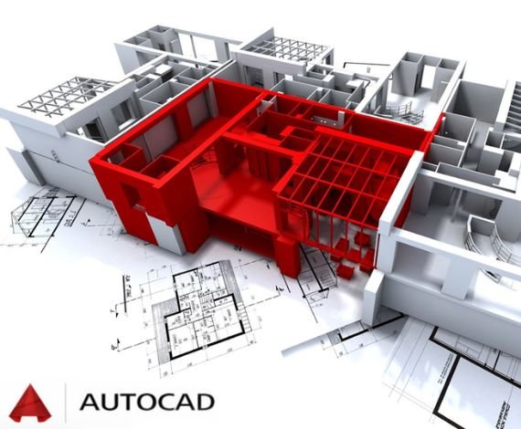 3D building model rendered in red highlighting AutoCAD drafting